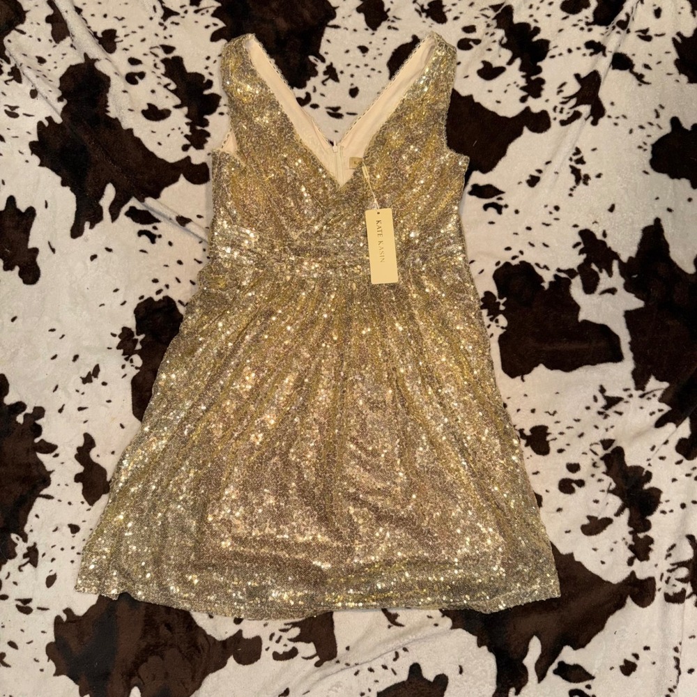 Kate Kasin Sequin Dress Womens L Gold V-Neck Sleeveless Sparkly Homecoming New